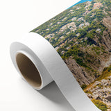 Art Deco poster of Capri, Italy with vibrant blue and white tones on rolled canvas.