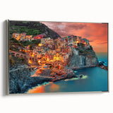Framed canvas landscape art painting of Cinque Terre with vibrant coastal colors, ideal for living room decor.