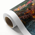 Art deco style poster of Cinque Terre with vibrant coastal colors on rolled canvas, ideal for nursery wall art.