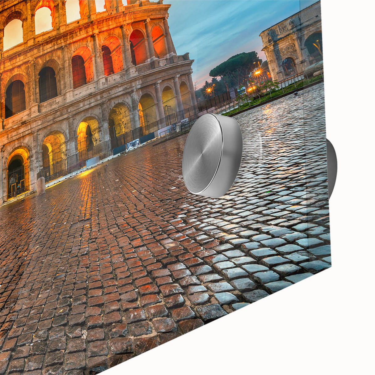 Acrylic print of the Colosseum in muted earth tones, ideal for dining room art in a mid-century modernist style.