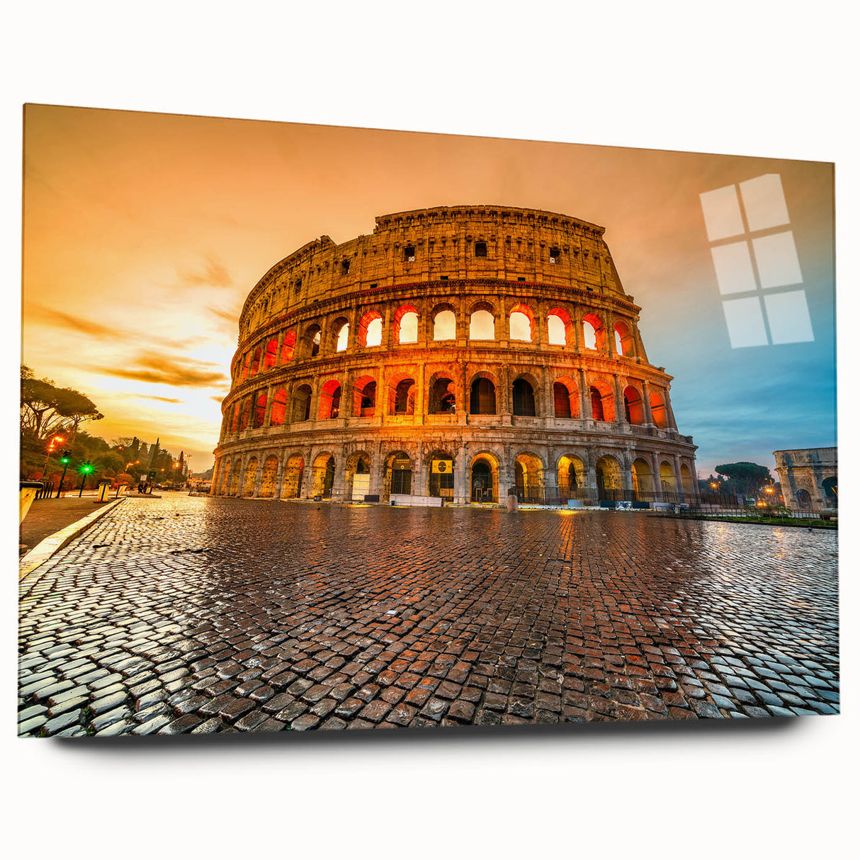 Side view of a large acrylic print featuring the Colosseum in muted earth tones, ideal for bedroom or dining room art.