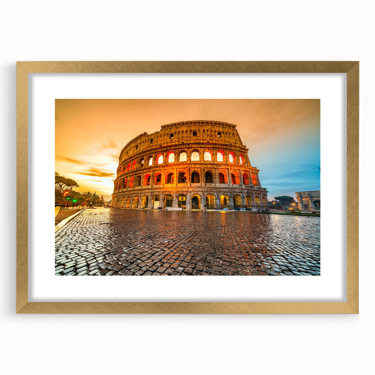 Abstract art print of the Colosseum in muted earth tones, framed in gold, ideal for dining room decor.