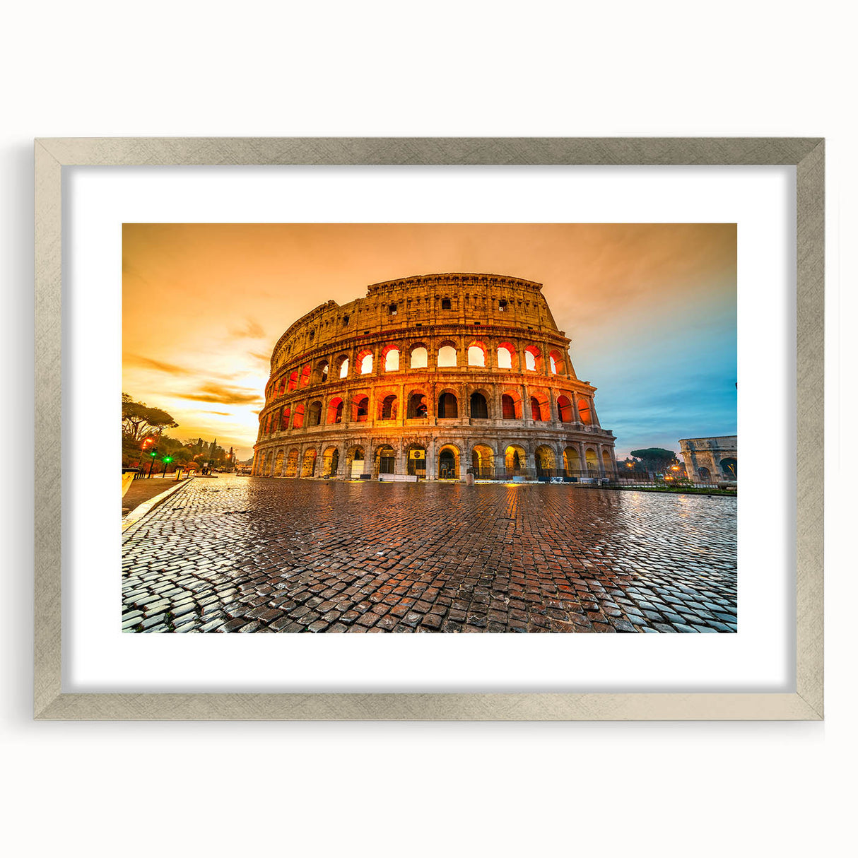 Extra large framed print of the Colosseum in Rome with silver mat, in muted earth tones, ideal for living room decor.