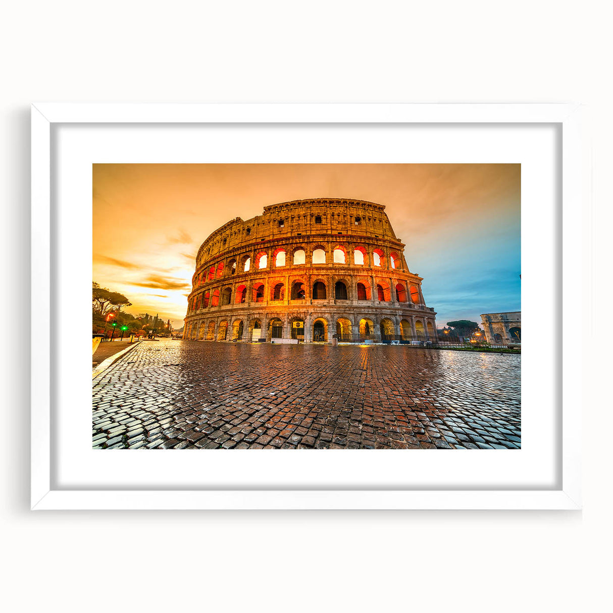 Textured art print of the Colosseum in muted earth tones on a framed white mat, ideal for bedroom wall decor.