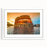 Textured art print of the Colosseum in muted earth tones on a framed white mat, ideal for bedroom wall decor.