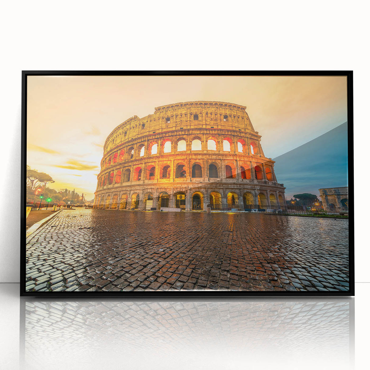 Framed acrylic print of the Colosseum in muted earth tones, ideal for modern art wall decor.