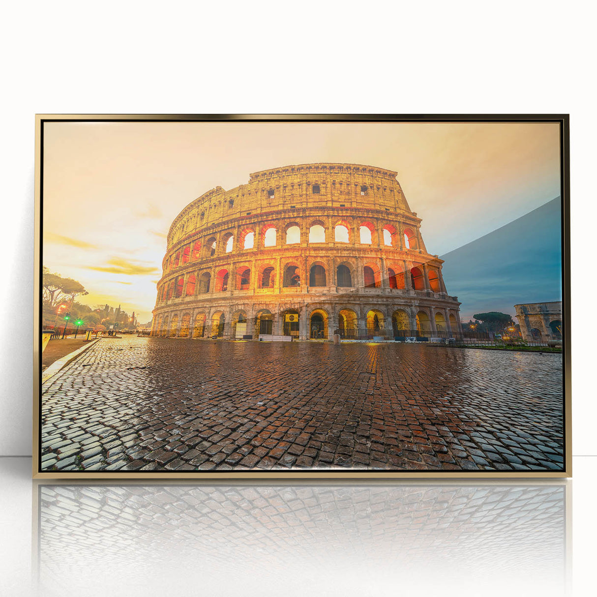 Acrylic print of the Colosseum in muted gold tones, framed, ideal for modern art wall decor.