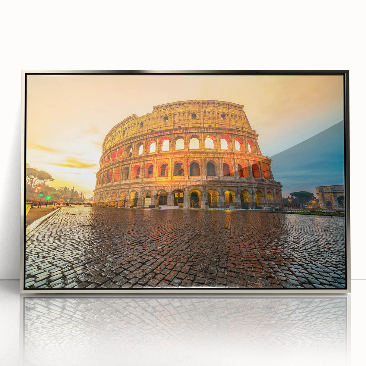Acrylic print of the Colosseum in Rome with muted earth tones, framed in silver, suitable for modern art wall decor.