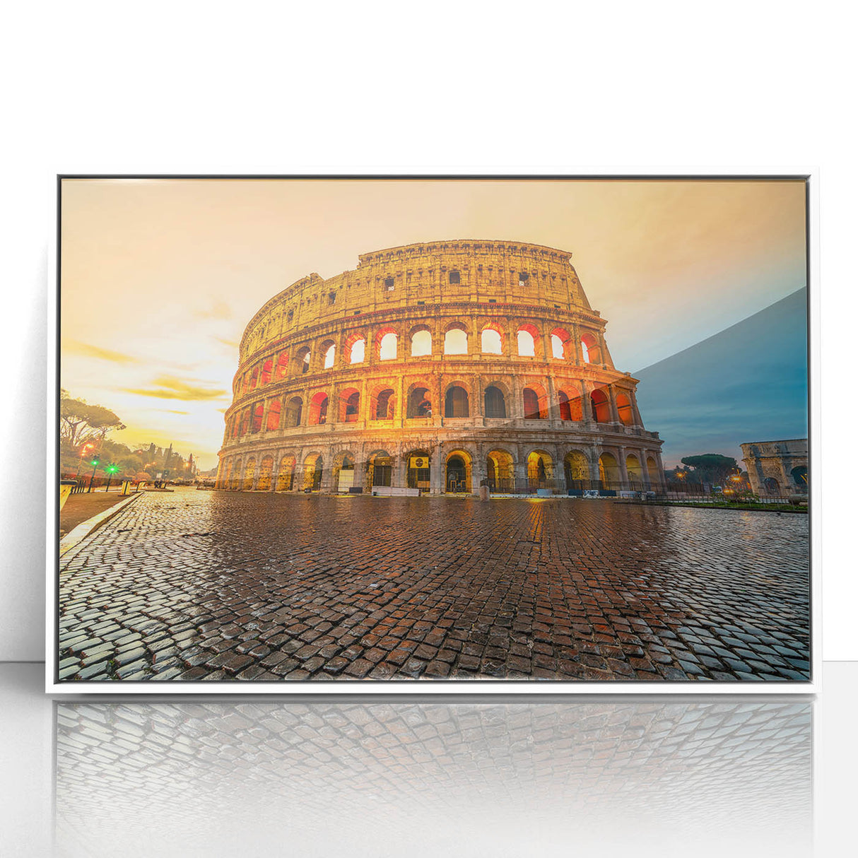 Mid-century modernist art of the Colosseum in muted earth tones on a white framed acrylic, ideal for modern art wall decor.