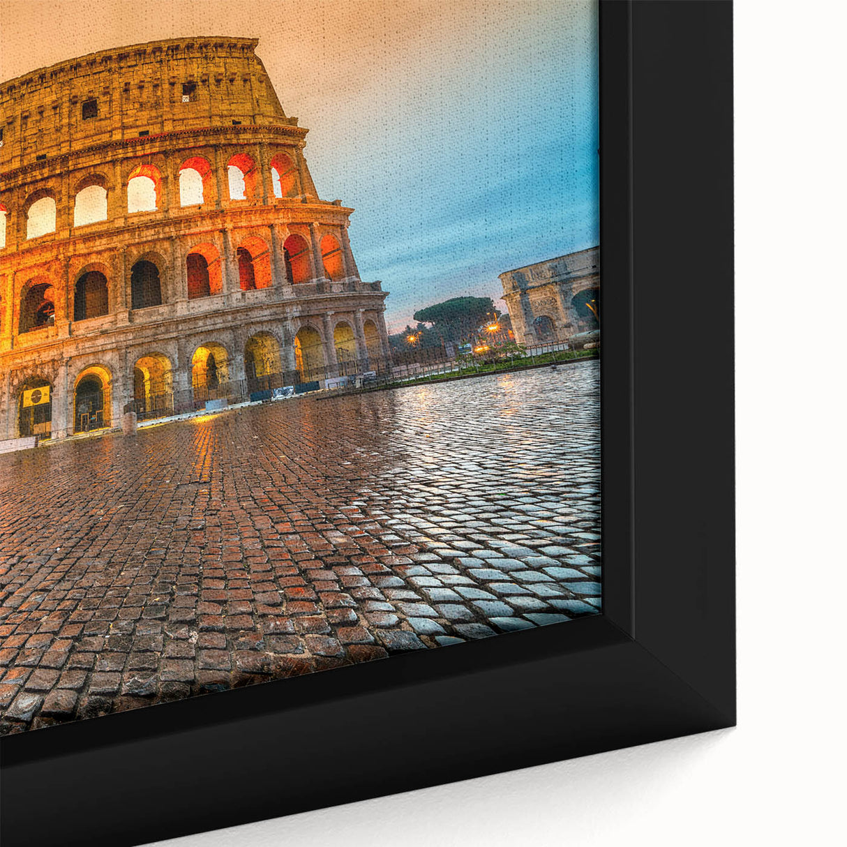 Black wall art featuring a textured close-up of the Colosseum in vibrant colors on a framed canvas.