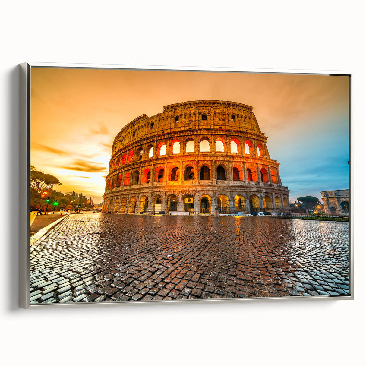 Framed canvas of the Colosseum in Rome with a vintage poster style, featuring muted earth tones.