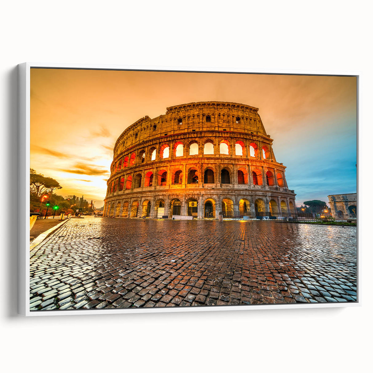 Vintage poster art of the Colosseum in vibrant colors on a framed canvas, ideal for living room decor.