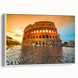 Vintage poster art of the Colosseum in vibrant colors on a framed canvas, ideal for living room decor.