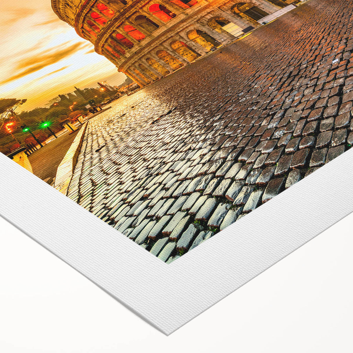 Art deco poster of the Colosseum in muted sepia tones on rolled canvas, suitable for dining room decor.