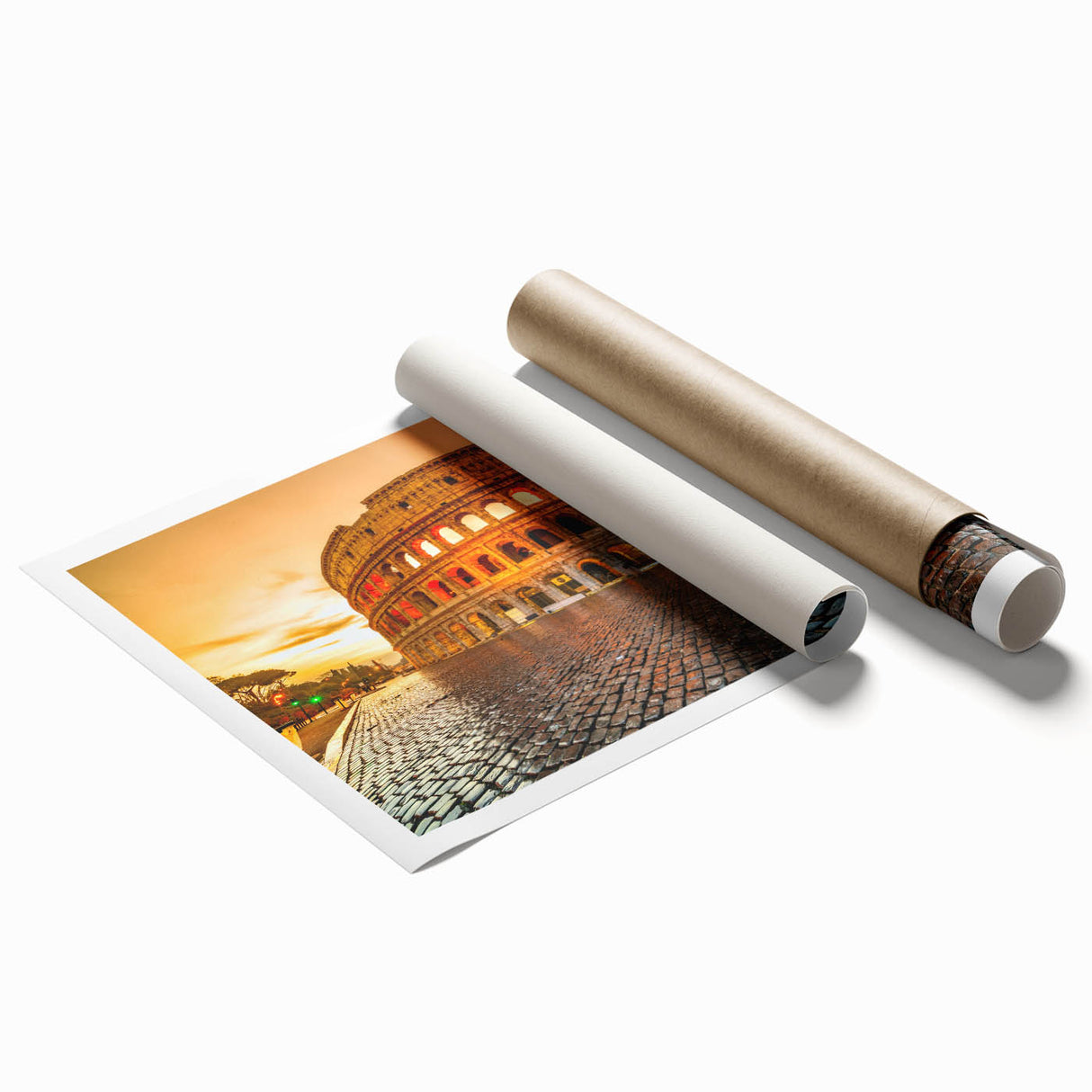 Rolled print of the Colosseum in Rome with soft gray and white tones, suitable for classy bathroom wall art.