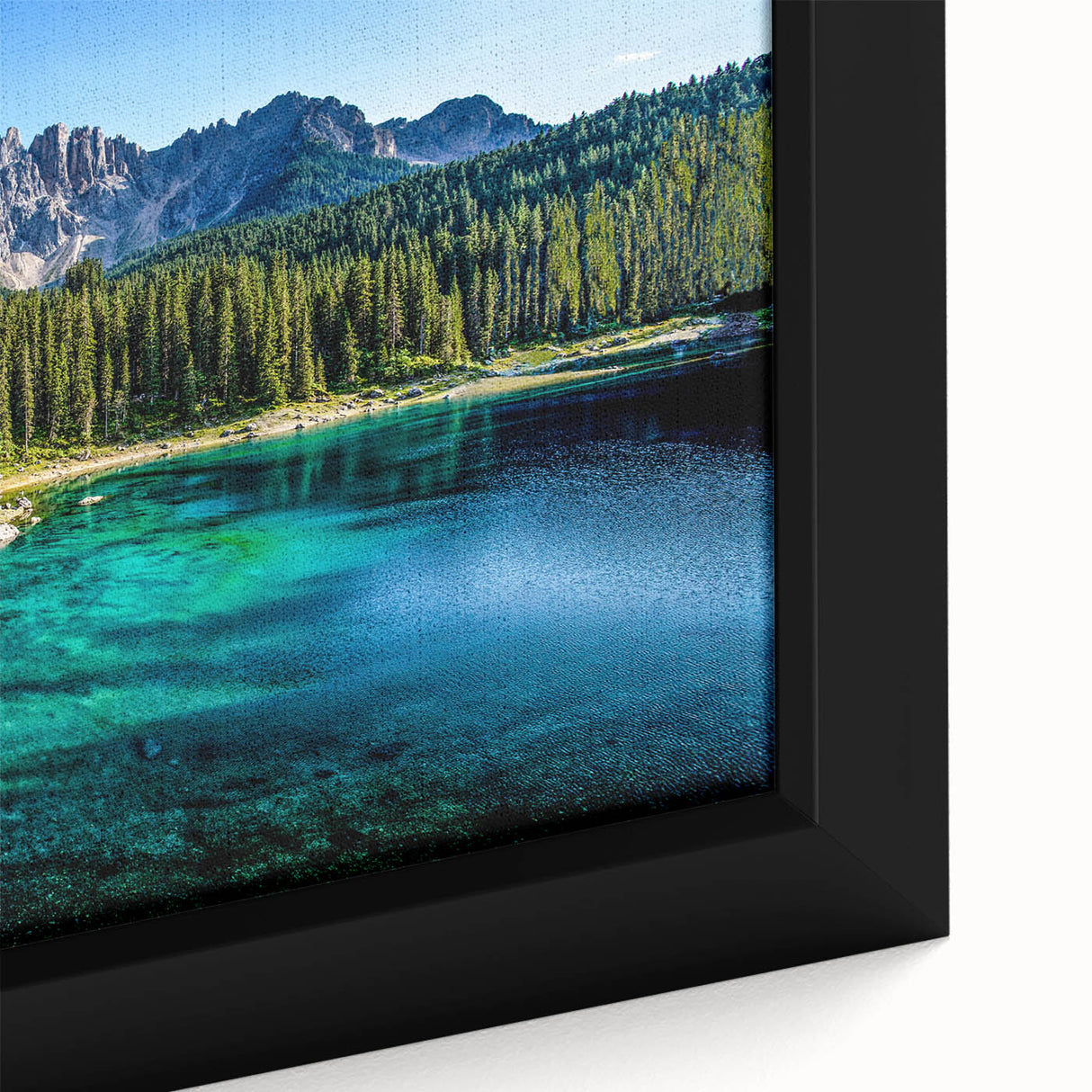 Black wall art featuring a textured close-up of the Dolomites in Italy, rendered in vibrant colors on a framed canvas.