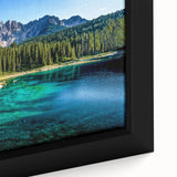Black wall art featuring a textured close-up of the Dolomites in Italy, rendered in vibrant colors on a framed canvas.