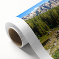 Art deco poster of the Dolomites in muted earth tones on rolled canvas, ideal for nursery wall art.