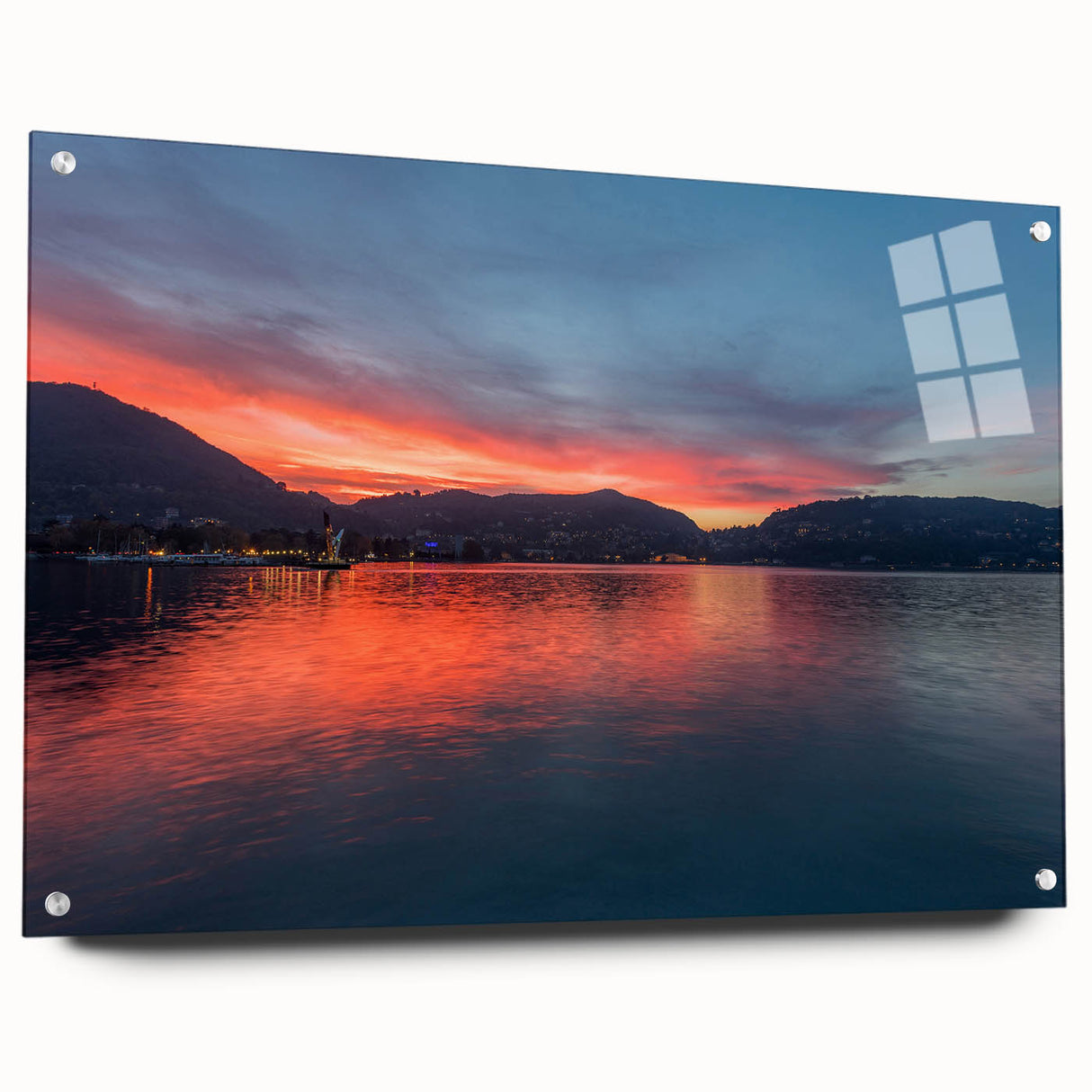Acrylic print of Lake Como with vivid blue and green tones, ideal for dining room decor.