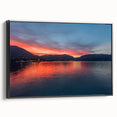 Black and white landscape art painting of Lake Como on framed canvas, ideal for bedroom wall decor.