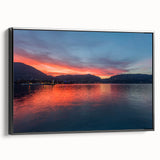 Black and white landscape art painting of Lake Como on framed canvas, ideal for bedroom wall decor.