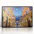 Large abstract wall art depicting Milan's cityscape in muted gray and blue tones on framed acrylic.