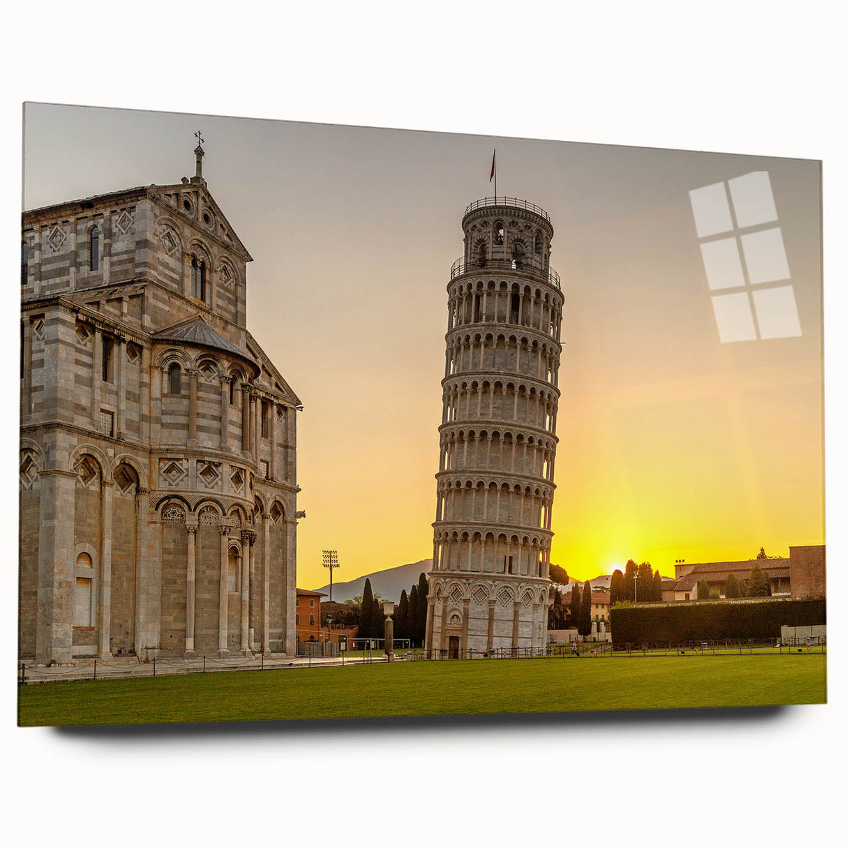 Acrylic print of the Leaning Tower of Pisa in muted earth tones, ideal for bedroom or dining room art.