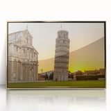 Art deco poster of the Leaning Tower of Pisa in muted gold tones on acrylic framed ideal for modern art wall decor.