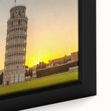 Black wall art featuring a textured close-up of the Leaning Tower of Pisa, set against a colorful backdrop.