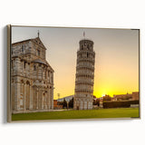 Vintage poster art of Pisa, Italy on a framed canvas, featuring a black and colorful palette, ideal for living room decor.