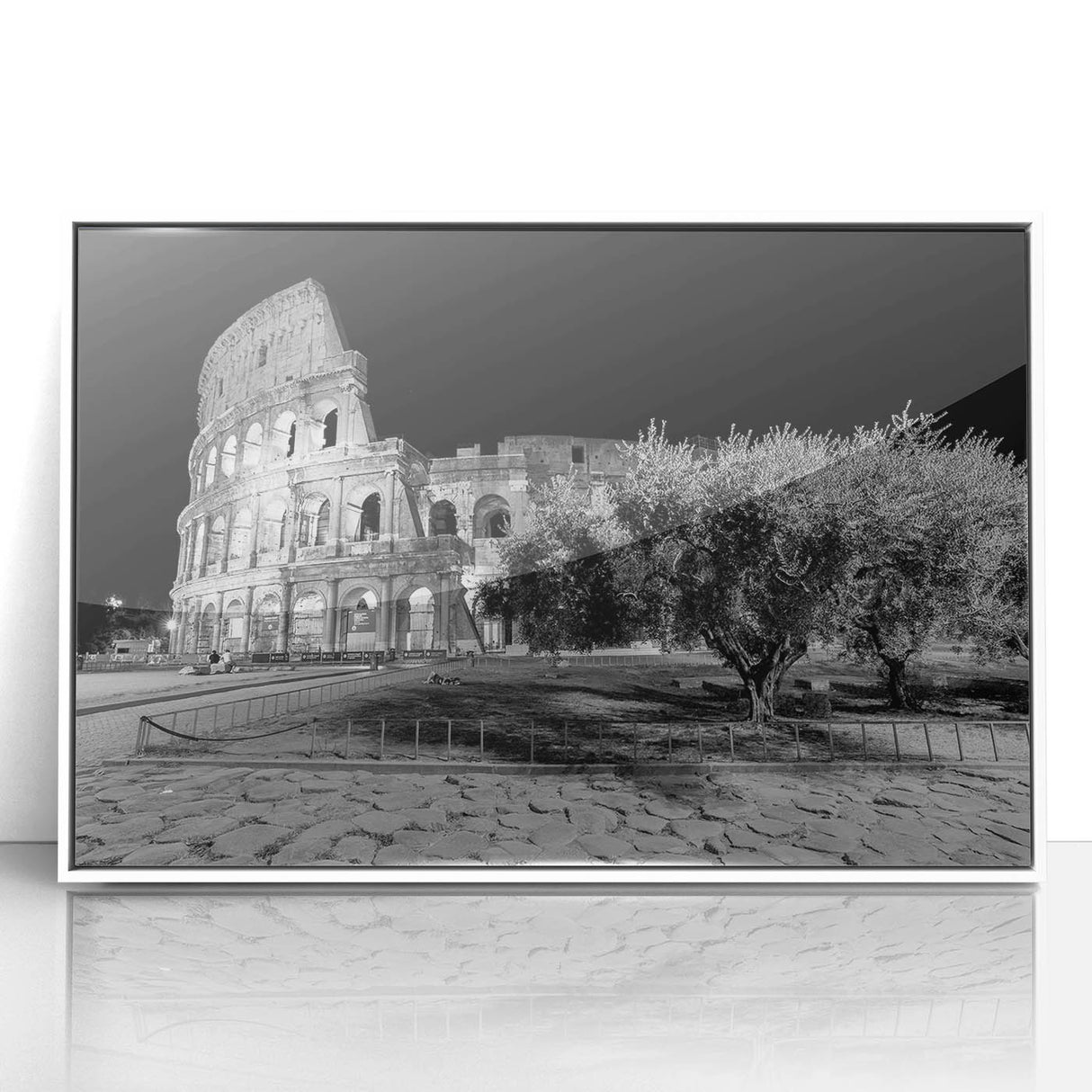 Mid-century modernist art of Rome's skyline in muted pastel shades on a framed acrylic, suited for nursery wall art.