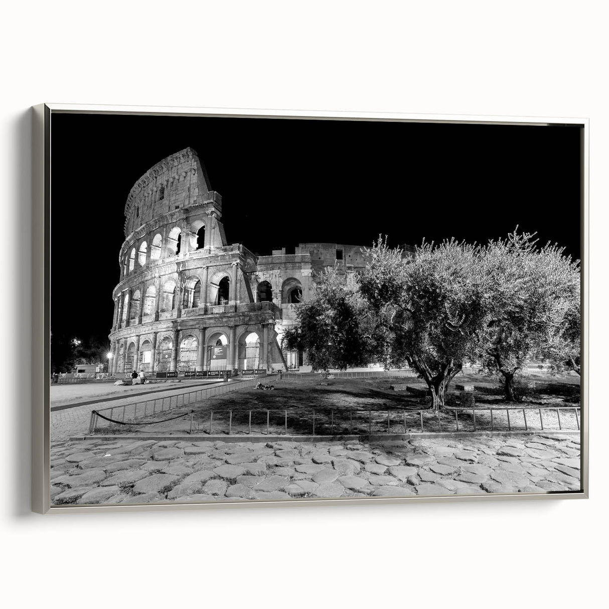 Landscape art painting of Rome on framed canvas, featuring vintage poster style in colorful and black tones.