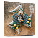Large abstract wall art depicting the Sicilian coastline in muted blue and green tones on acrylic glass.