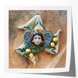 Rolled print of Sicilian landscape featuring vivid green and yellow floral elements, ideal for art wall dining room.