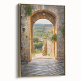 Framed canvas depicting a serene Tuscan landscape in muted earth tones, ideal for bedroom wall art.