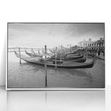 Mid-century modernist art depicting Venice scenery with muted blue and white tones on a framed acrylic print.