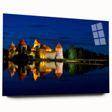 Large abstract wall art of a Lithuanian landscape in muted greens and blues on acrylic glass.