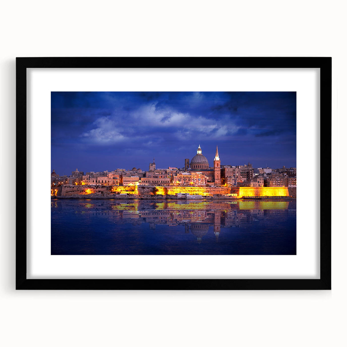 Colorful abstract art print of a European Malta scenery in vibrant hues on a textured, extra large canvas, framed in black.