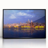 Large abstract wall art depicting a European Malta scenery in black and white tones on a framed acrylic.