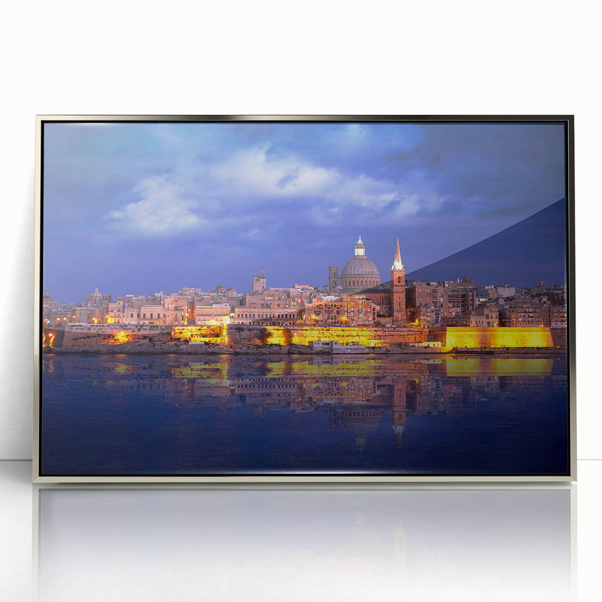 Large art print of a Malta landscape in muted earth tones on a framed acrylic, styled in mid-century modernist art.