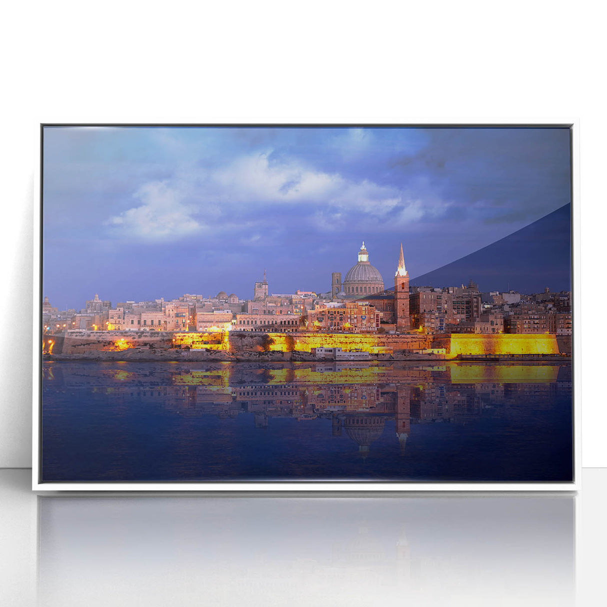 Mid-century modernist art depicting a European Malta scenery in muted colors on a framed acrylic, ideal for nursery wall art.