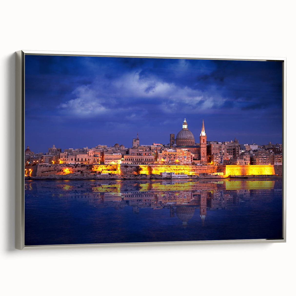 Landscape art painting of Malta on framed canvas, with vintage poster style in colorful and black tones.