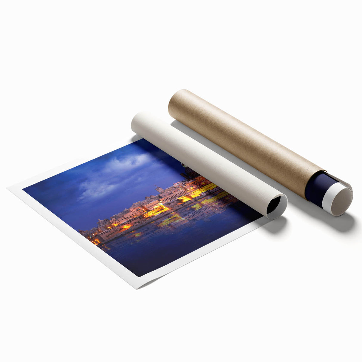 Extra large rolled print of a Malta coastal scene with vibrant blue waters and pastel buildings.