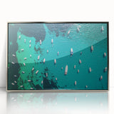 Framed acrylic print of a Mediterranean seascape with muted blue and white tones, ideal for modern art wall decor.