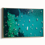 Framed canvas of a vintage-style Mediterranean seascape with muted blue and gold tones, ideal for bedroom wall art.