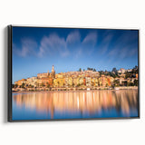 Black and white vintage poster art of Monaco landscape on framed canvas, suitable for bedroom wall decor.
