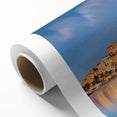 Art deco poster of Monaco scenery in muted blue and pink tones on rolled canvas, ideal for nursery wall art.