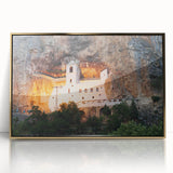 Art deco poster of Montenegro scenery in muted gold and blue tones, acrylic print framed, suitable for modern art wall decor.