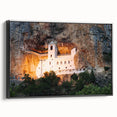 Black and white framed canvas of a Montenegro landscape in vintage poster style, suitable for bedroom decor.