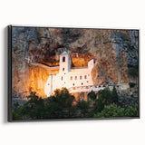 Black and white framed canvas of a Montenegro landscape in vintage poster style, suitable for bedroom decor.